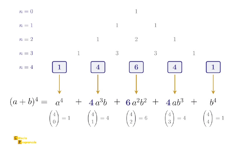 Linhas n = 0 a 4 do Triângulo de Pascal, com a linha n = 4 (1, 4, 6, 4, 1) destacada em caixas azuis; de cada número desce uma seta amarela até o termo correspondente de (a + b)⁴ = a⁴ + 4a³b + 6a²b² + 4ab³ + b⁴, com os coeficientes 4, 6 e 4 em azul. Embaixo de cada termo, o coeficiente binomial: C(4,0) = 1, C(4,1) = 4, C(4,2) = 6, C(4,3) = 4 e C(4,4) = 1.